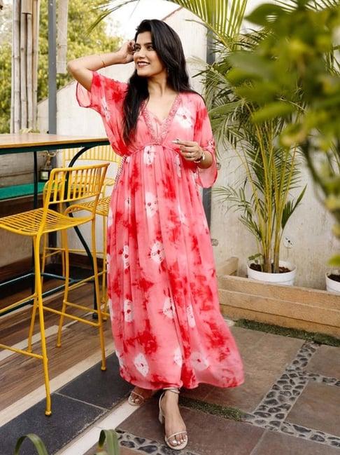 thread and button coral peach tie dye kaftan dress