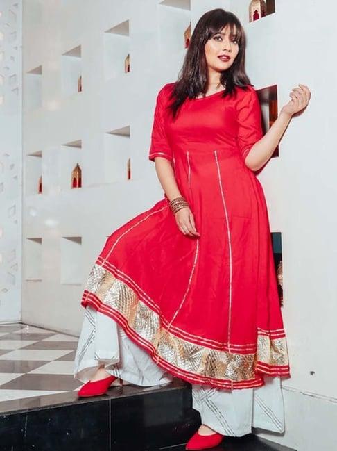 thread and button coral red kurta with pant