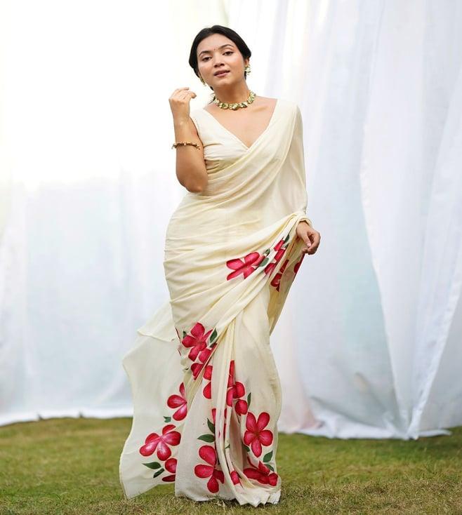 thread and button cream apsara handpainted draped saree