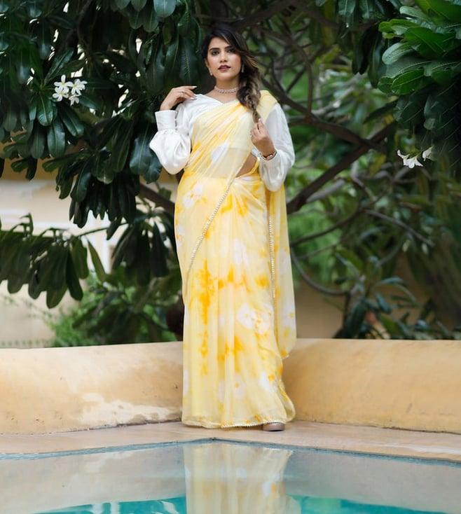 thread and button lemon yellow dreamy tie & dye saree with blouse