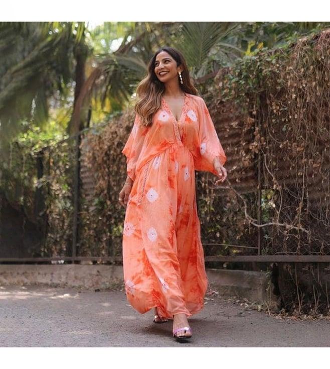 thread and button orange classic tie dye kaftan dress