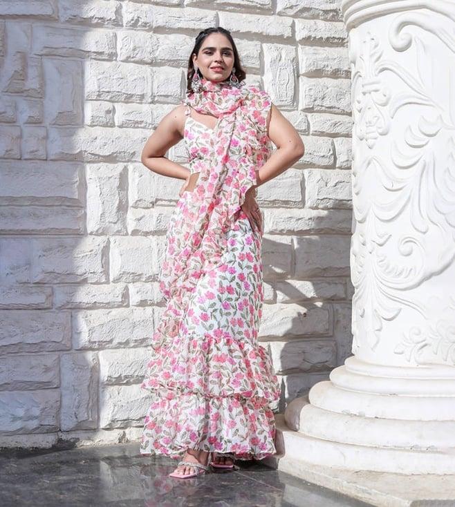 thread and button pink flora printed ruffle saree