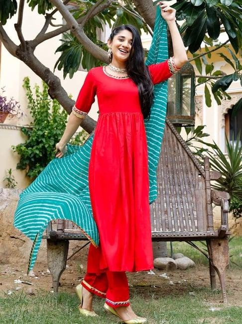 thread and button red raspeberry kurta with pant and dupatta