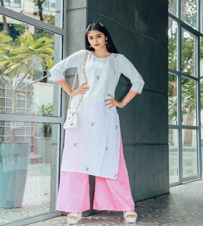 thread and button white blush hand embroidered cotton kurta with pant with potli