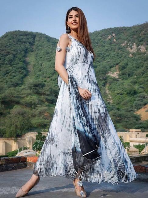 thread and button white ruffle tie dye kurta with pant and dupatta