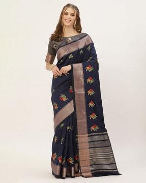 thread embroidered cotton silk saree