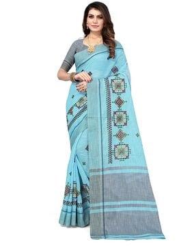 thread embroidered linen cotton saree