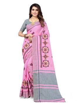 thread embroidered saree with contrast border