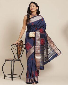 thread embroidered saree with contrast pallu