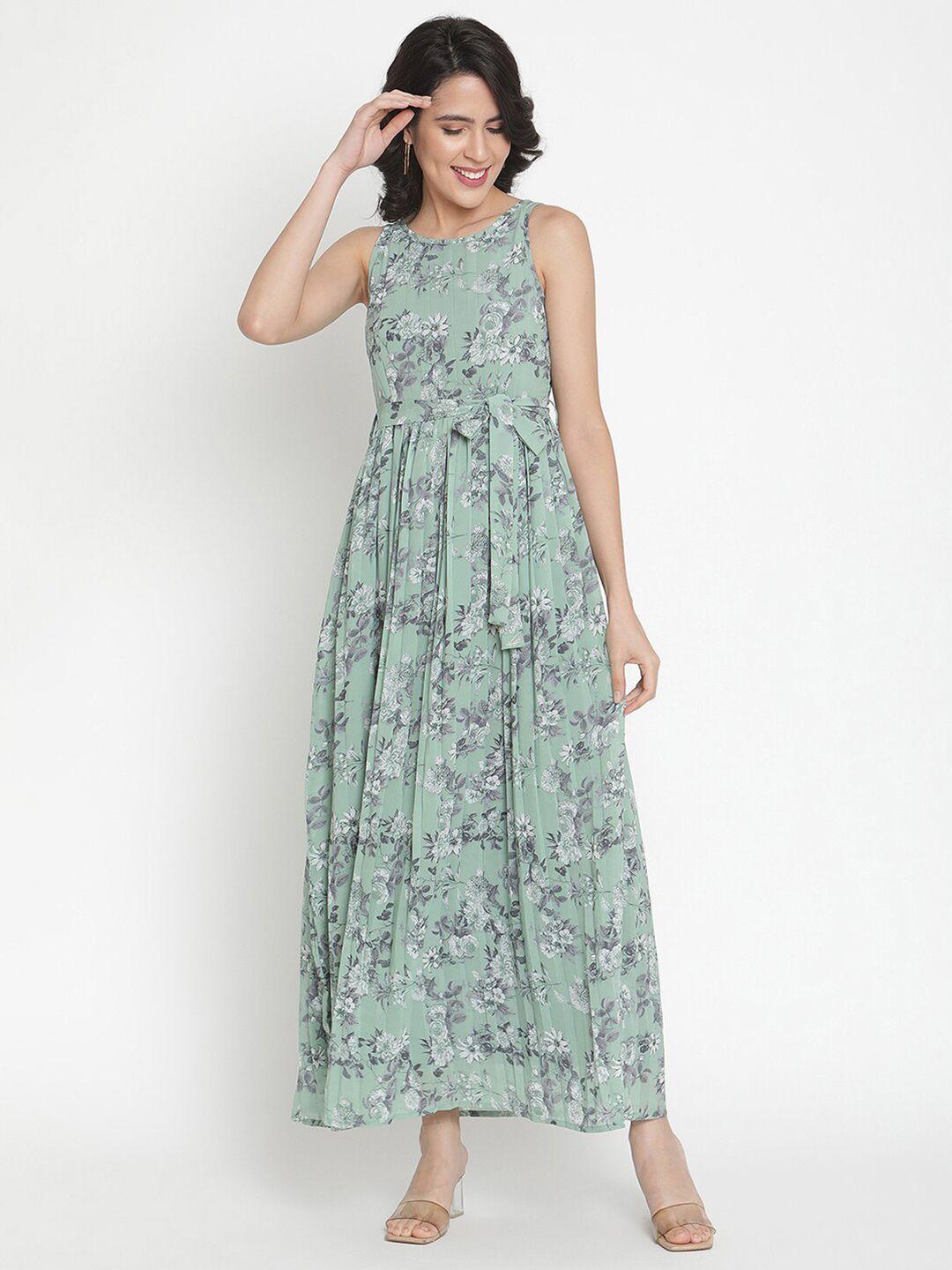 thread muster women green & white floral belted georgette maxi dress