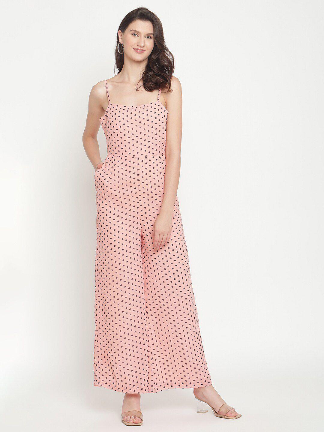 thread muster women peach-coloured & black polka dot printed basic jumpsuit