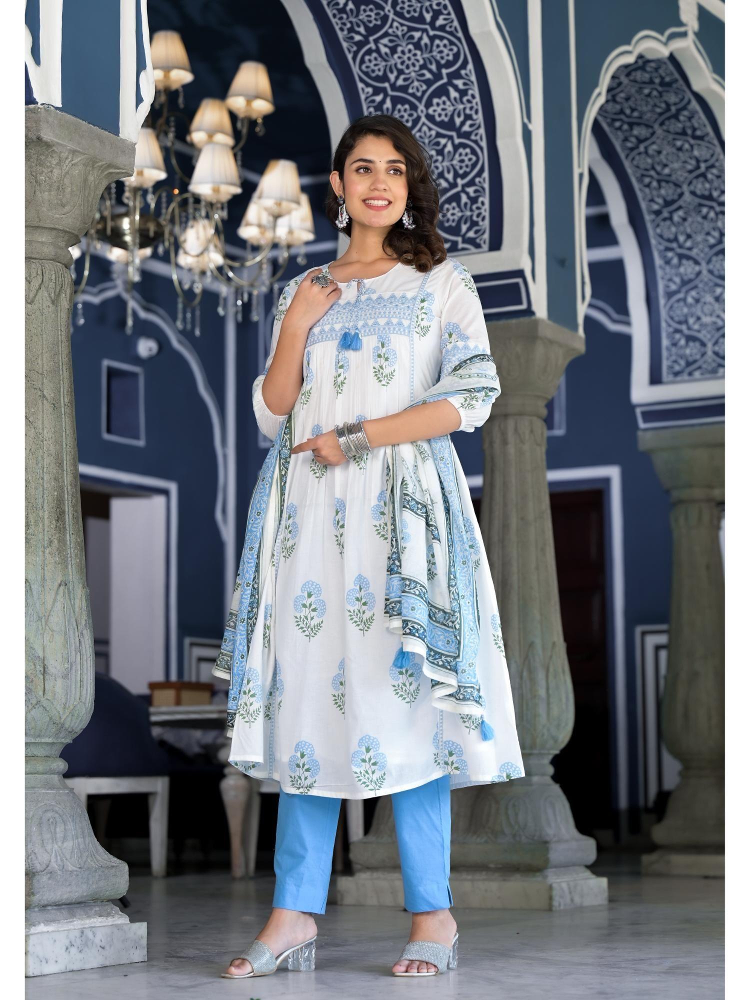 thread work blue cotton printed a-line kurta with pants and mulmul dupatta (set of 3)