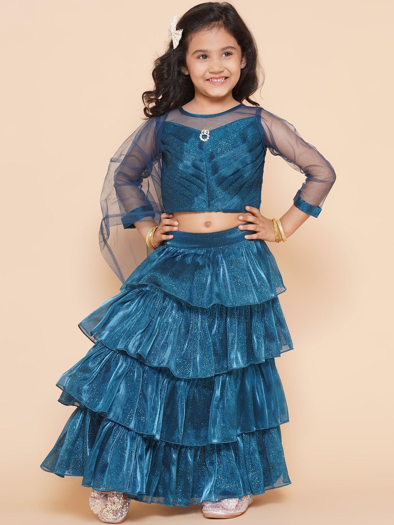 three fourth sleeves glitter choli & tiered lehenga teal (set of 3)