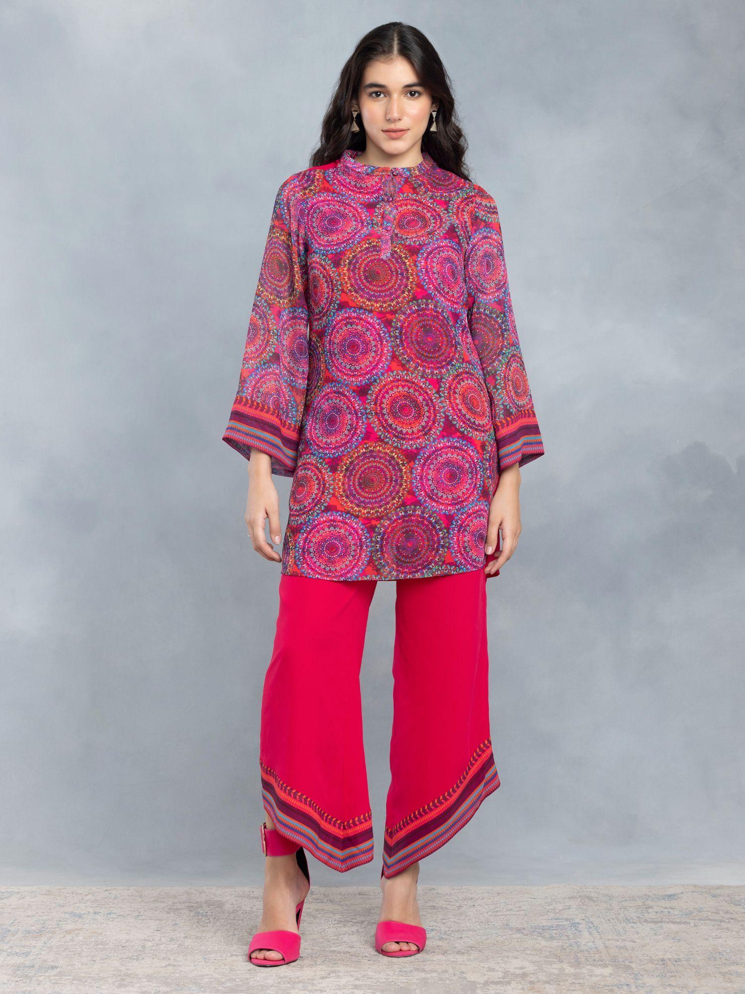 three fourth sleeves high neck pink printed ethnic kurta and trouser (set of 2)