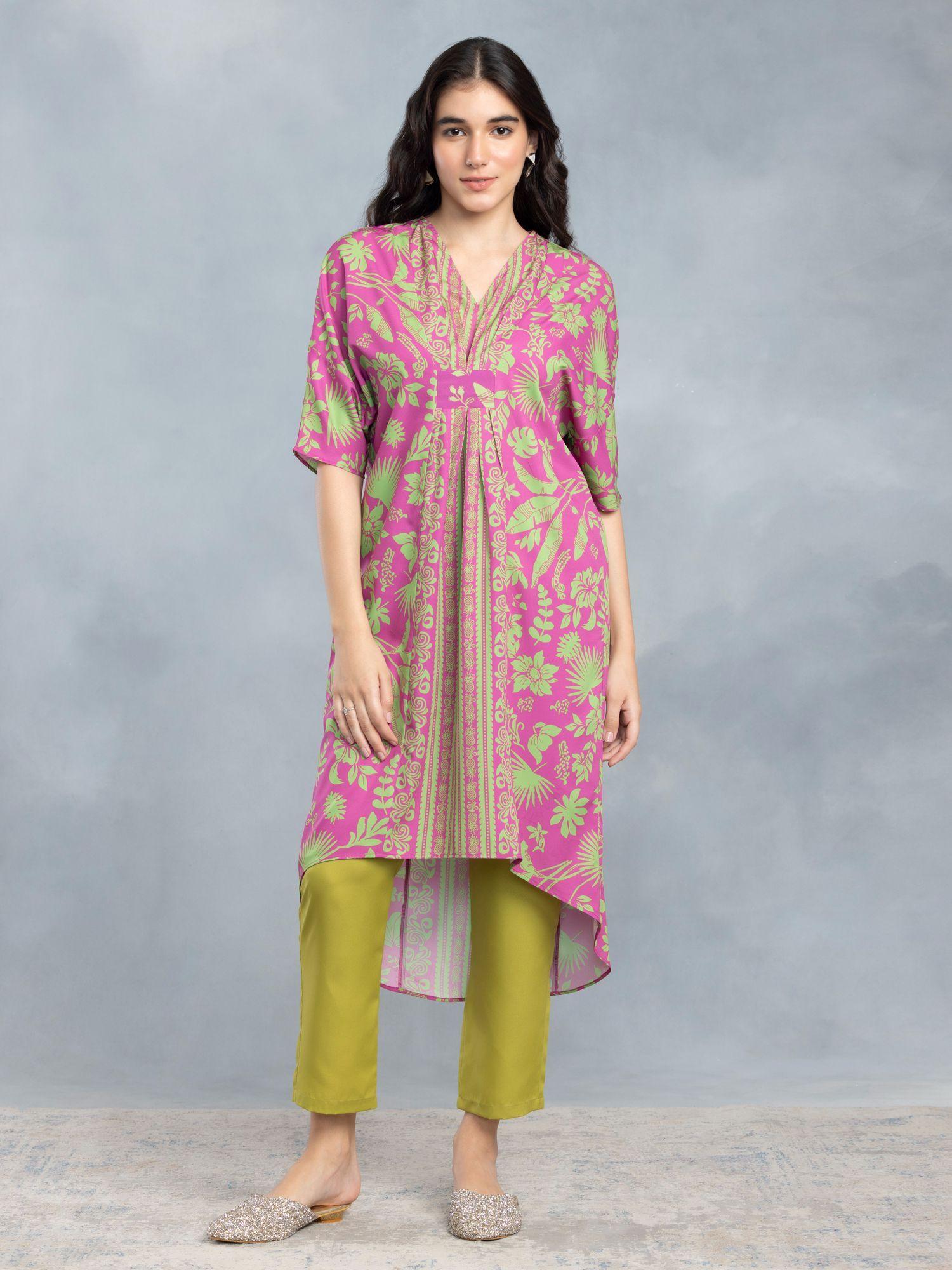 three fourth sleeves-neck pink printed fusion kurta and trousers (set of 2)