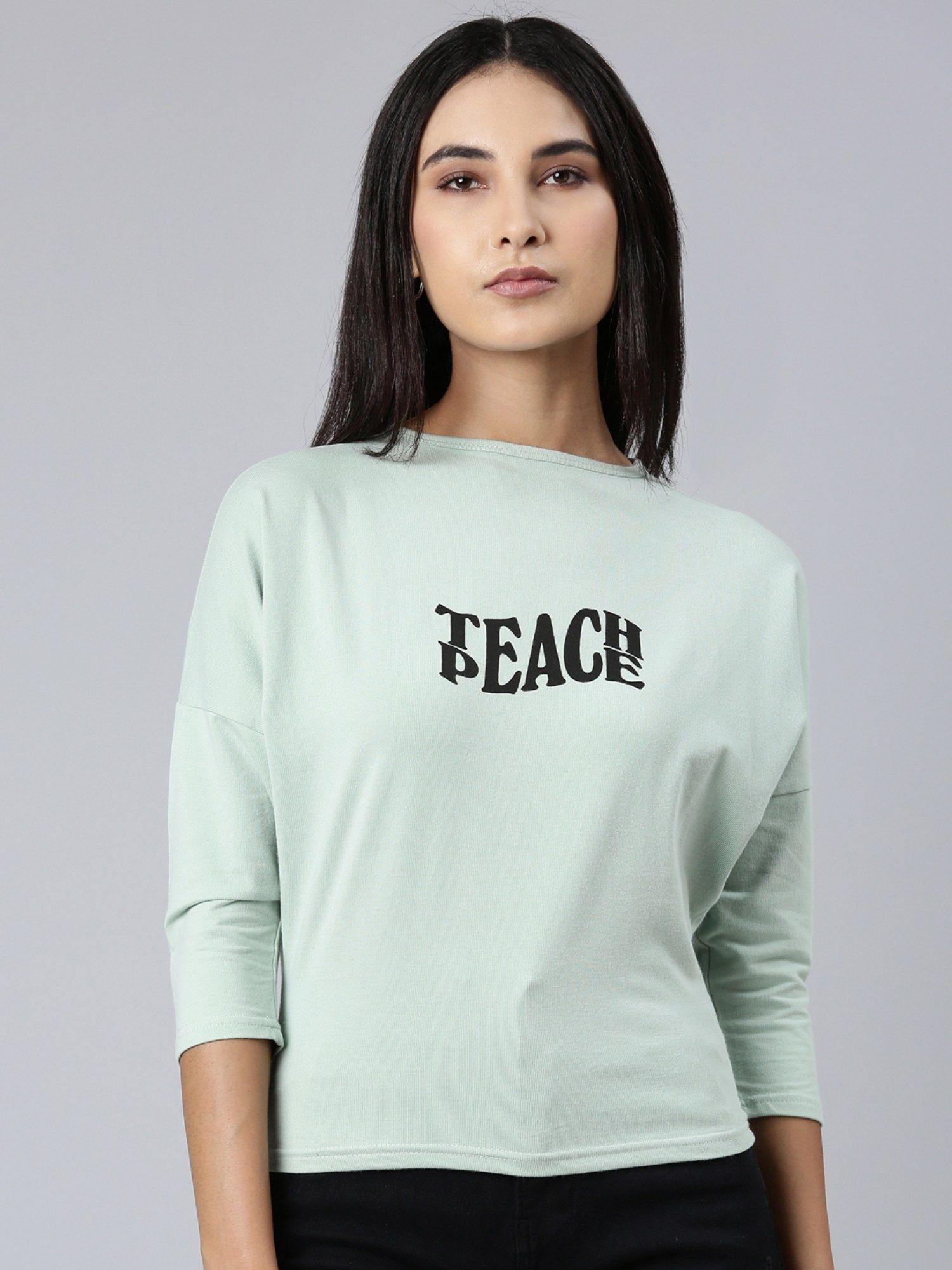 three fourth sleeves round neck typography slim fit sea green regular t-shirt