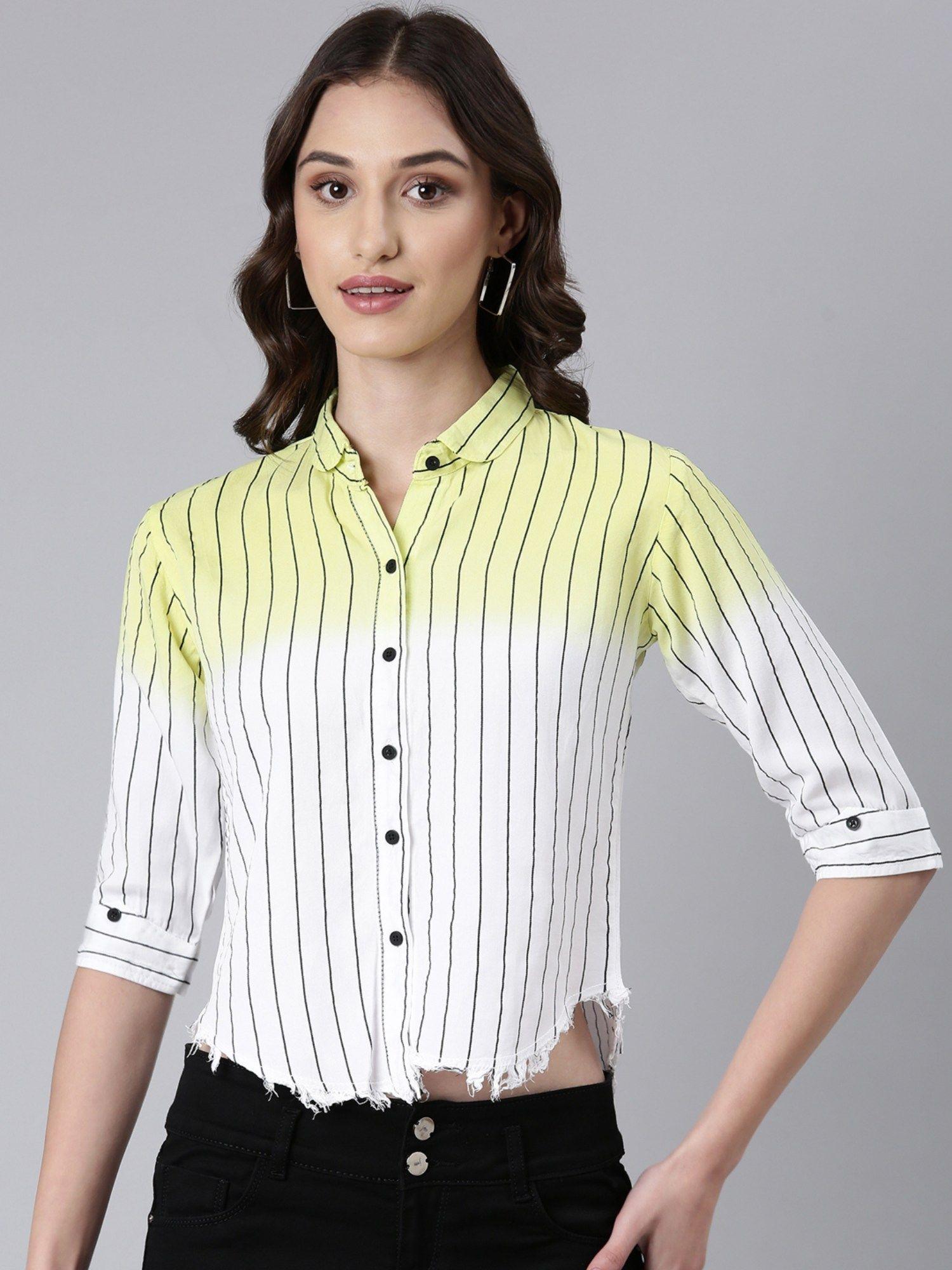 three fourth sleeves spread collar striped yellow & white slim fit shirt