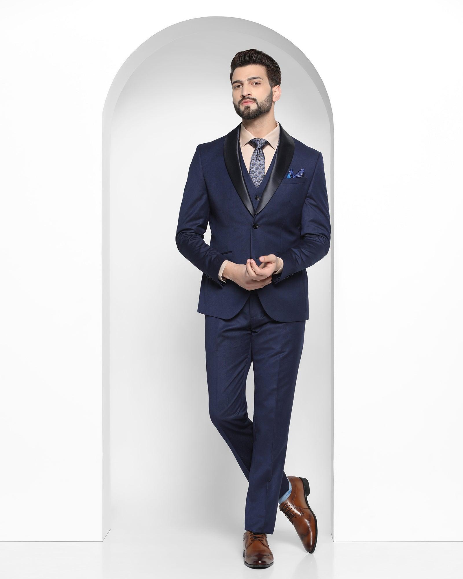 three piece navy textured formal suit - gorkus