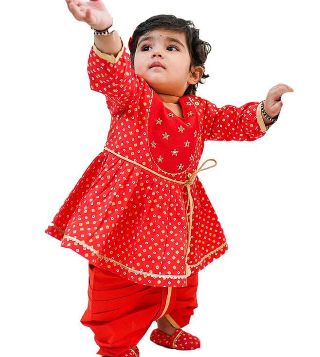 tiber taber baby girl red vanakkam taber bandhani printed angrakha with dhoti