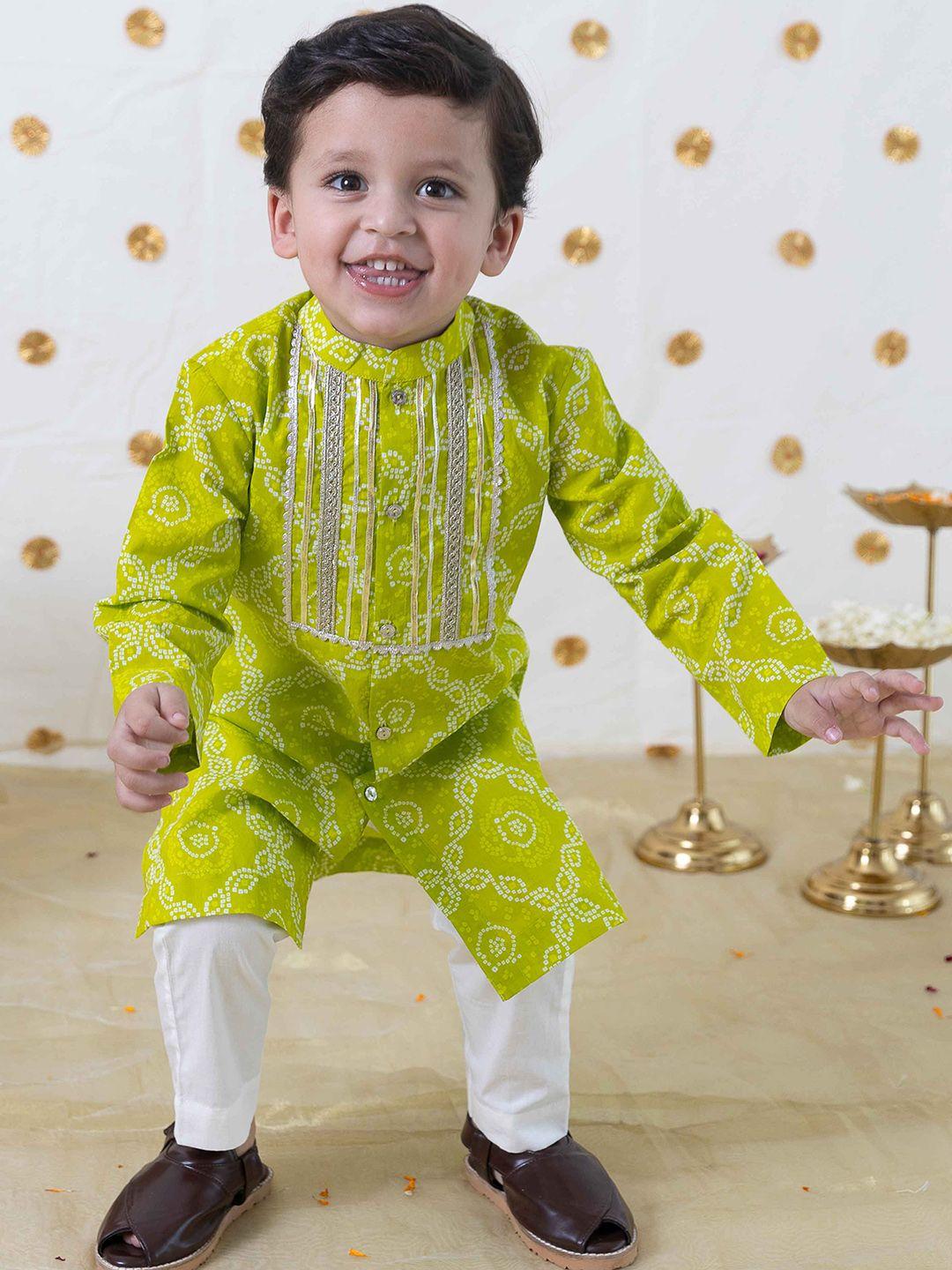 tiber taber boys bandhani printed gotta patti pure cotton kurta with pyjamas