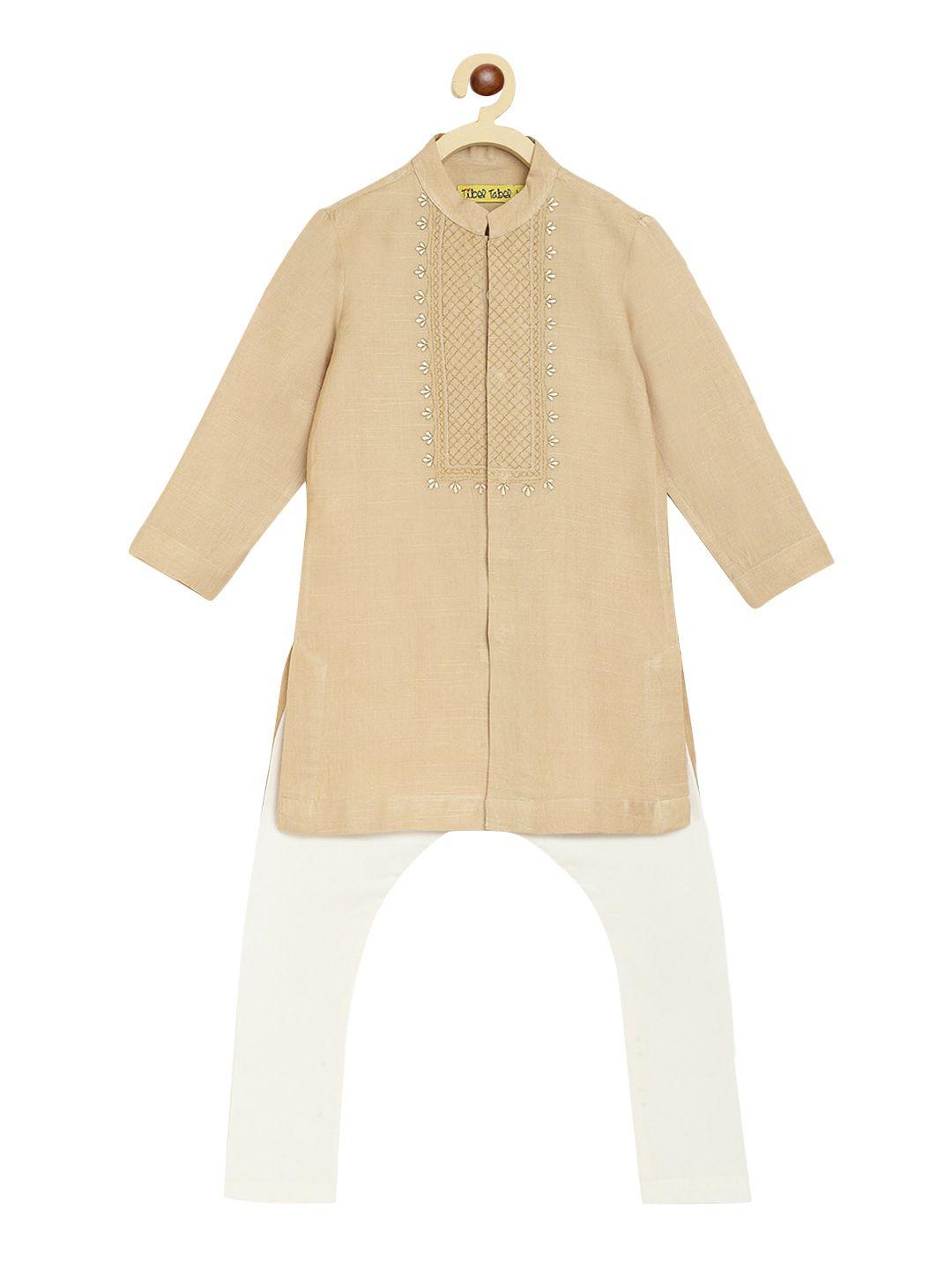 tiber taber boys beige & off-white solid kurta with pyjamas