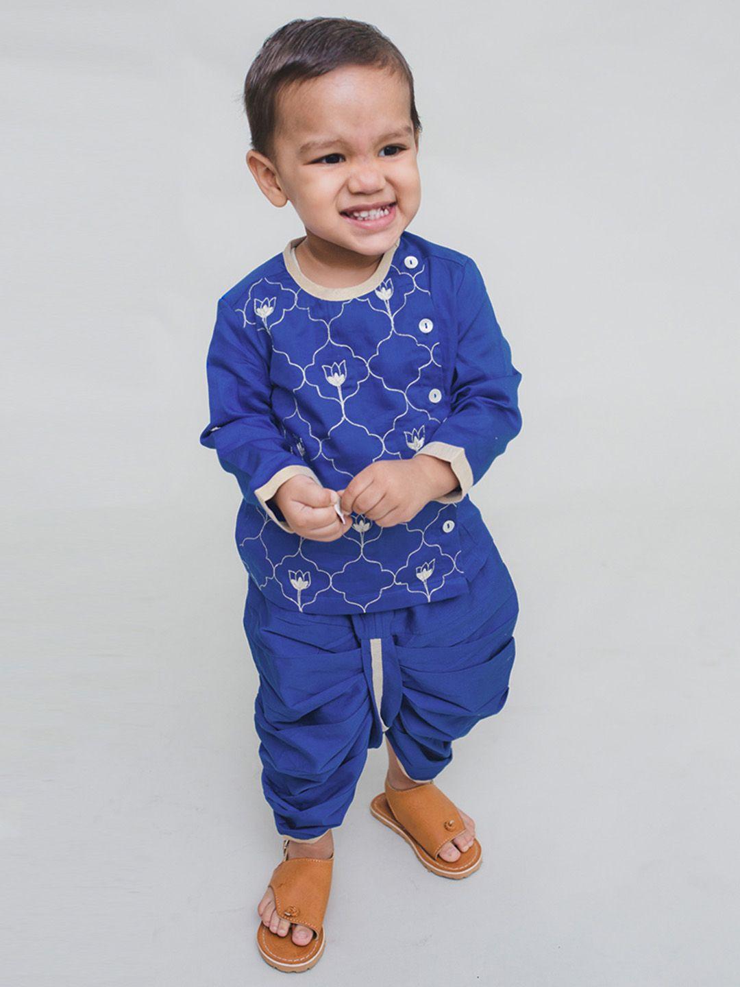 tiber taber boys blue embroidered kurta with dhoti pants