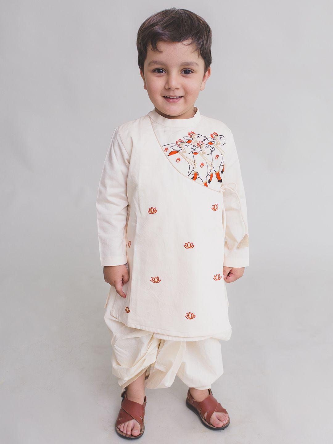 tiber taber boys cream-coloured & cream-coloured embroidered kurta with dhoti pants