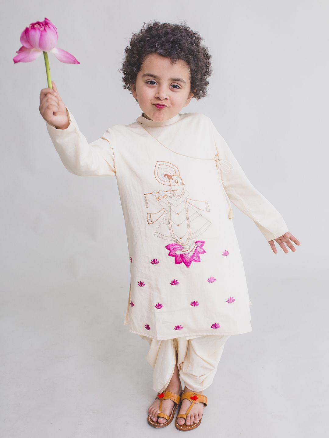 tiber taber boys cream-coloured embroidered kurta with dhoti pants