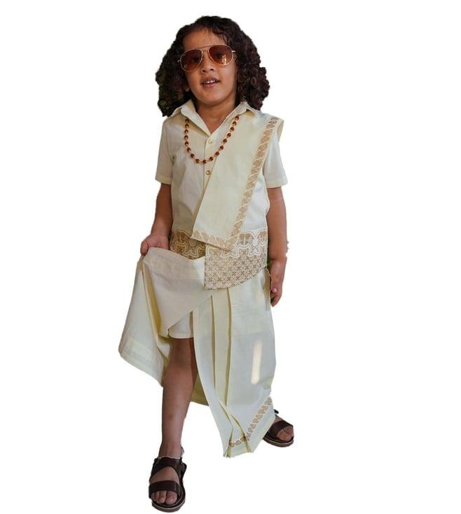 tiber taber boys cream vanakkam taber 3pc mundu dhoti with shirt and angvastram