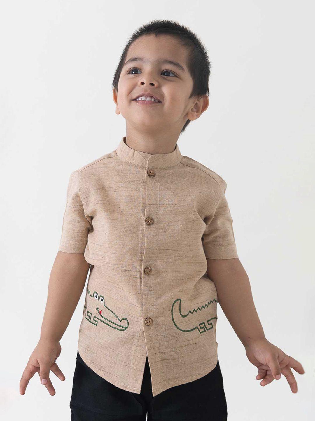 tiber taber boys embroidered mandarin collar short sleeves cotton casual shirt