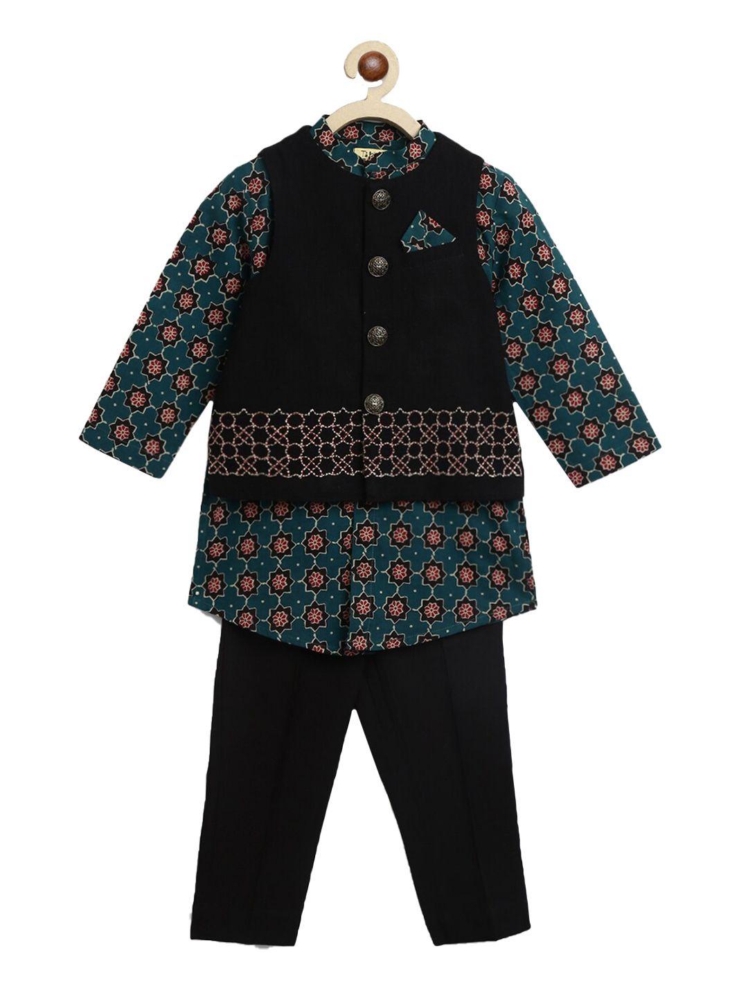 tiber taber boys ethnic motifs printed pure cotton kurta with trousers & with waistcoat