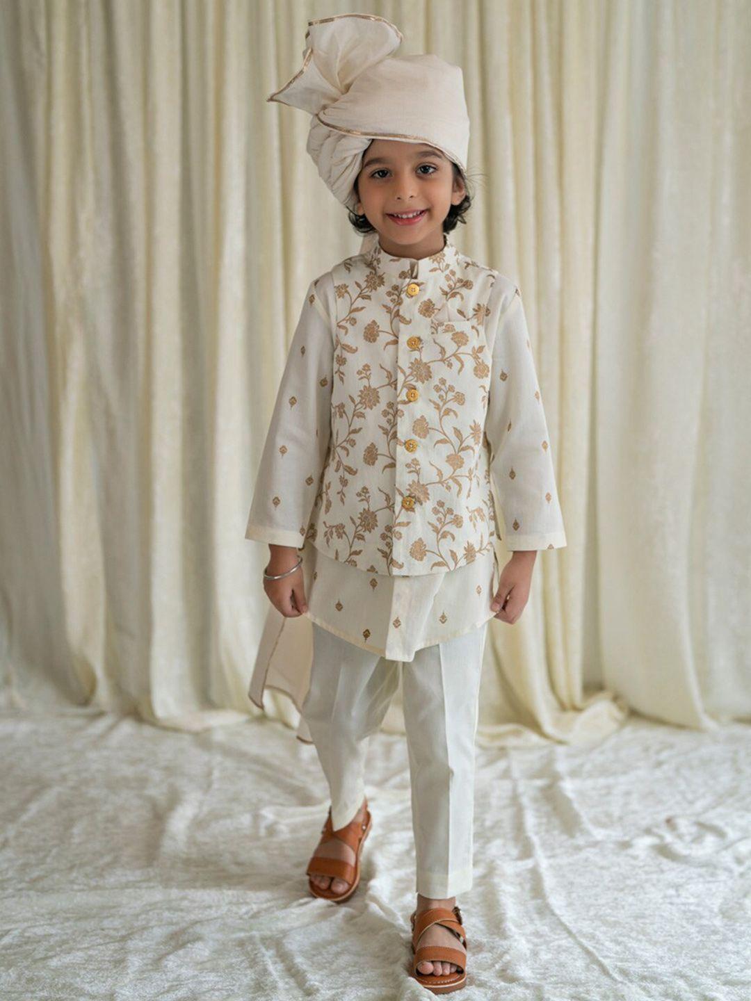 tiber taber boys floral printed pure cotton kurta with pyjamas & nehru jacket