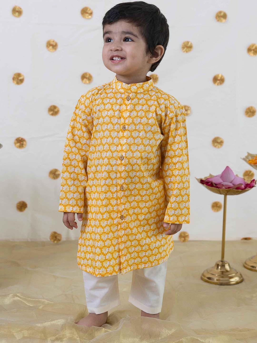 tiber taber boys floral printed pure cotton kurta with pyjamas
