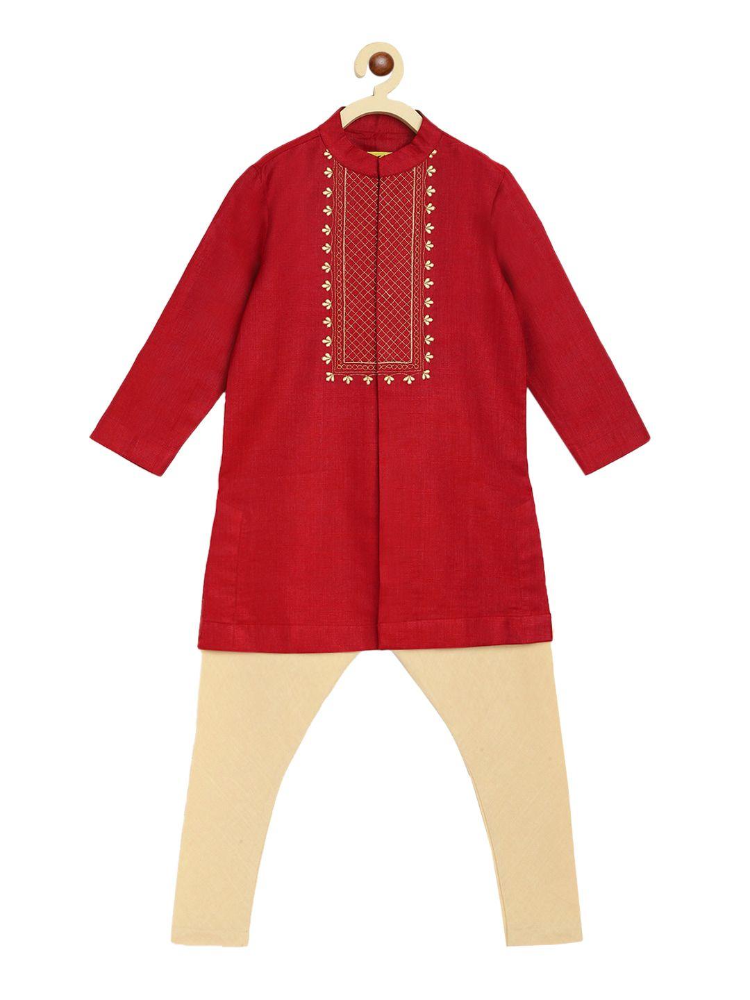 tiber taber boys maroon & beige yoke design kurta with pyjamas