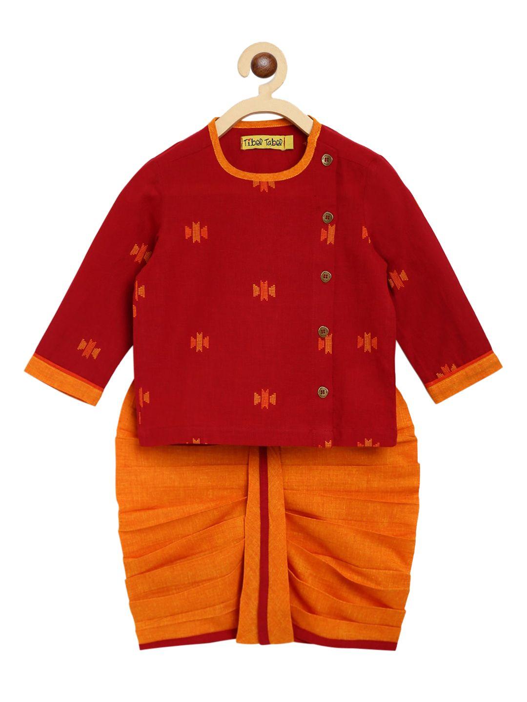 tiber taber boys maroon ethnic motifs printed angrakha pure cotton kurta with dhoti pants