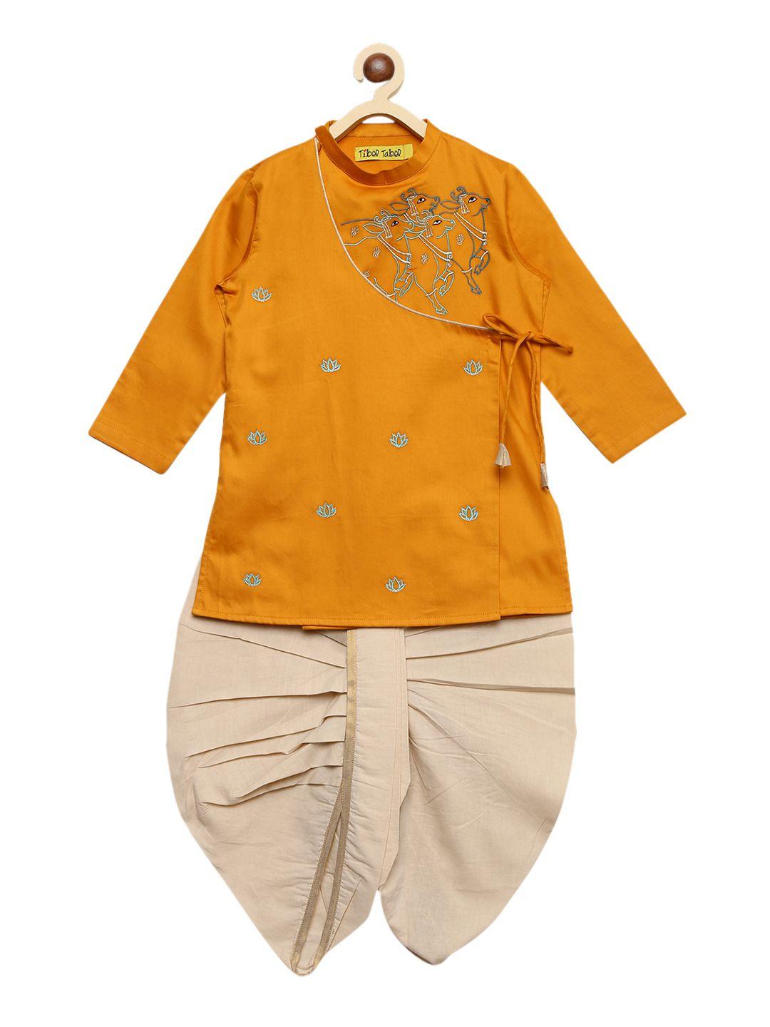 tiber taber boys mustard & cream-coloured embroidered kurta with dhoti pants