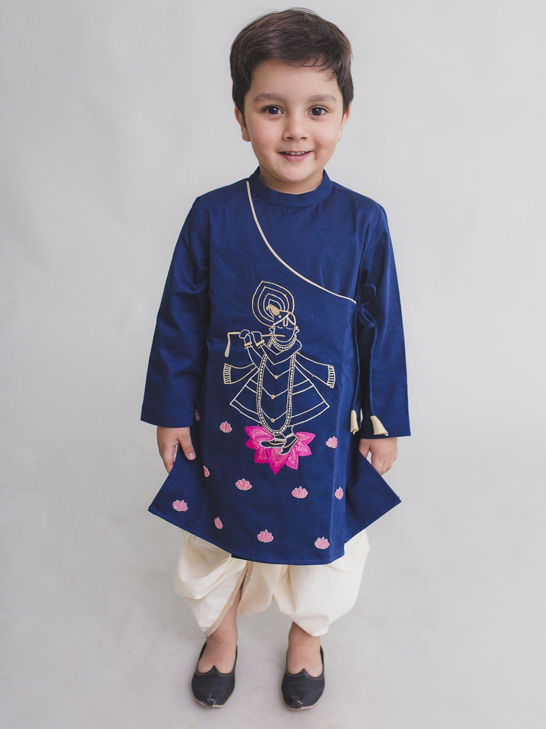 tiber taber boys navy blue & beige embroidered kurta with dhoti pants