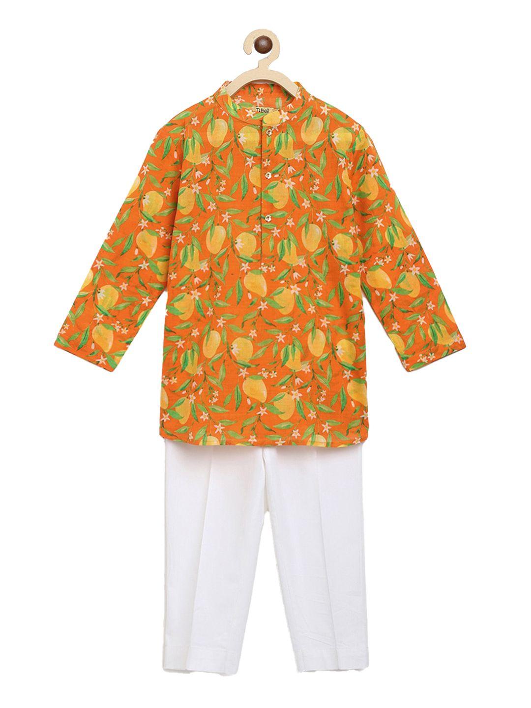 tiber taber boys orange paisley printed pure cotton kurta with pyjamas