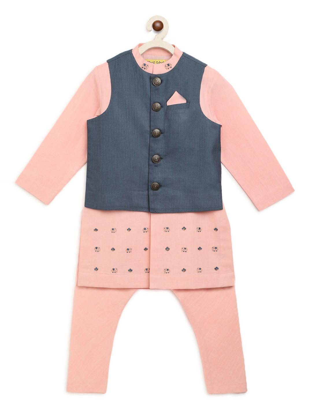 tiber taber boys pink & navy blue embroidered kurta set with jacket