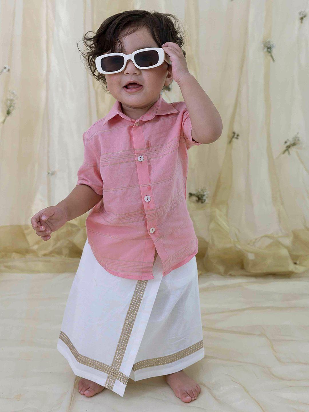 tiber taber boys pure cotton striped shirt & veshti