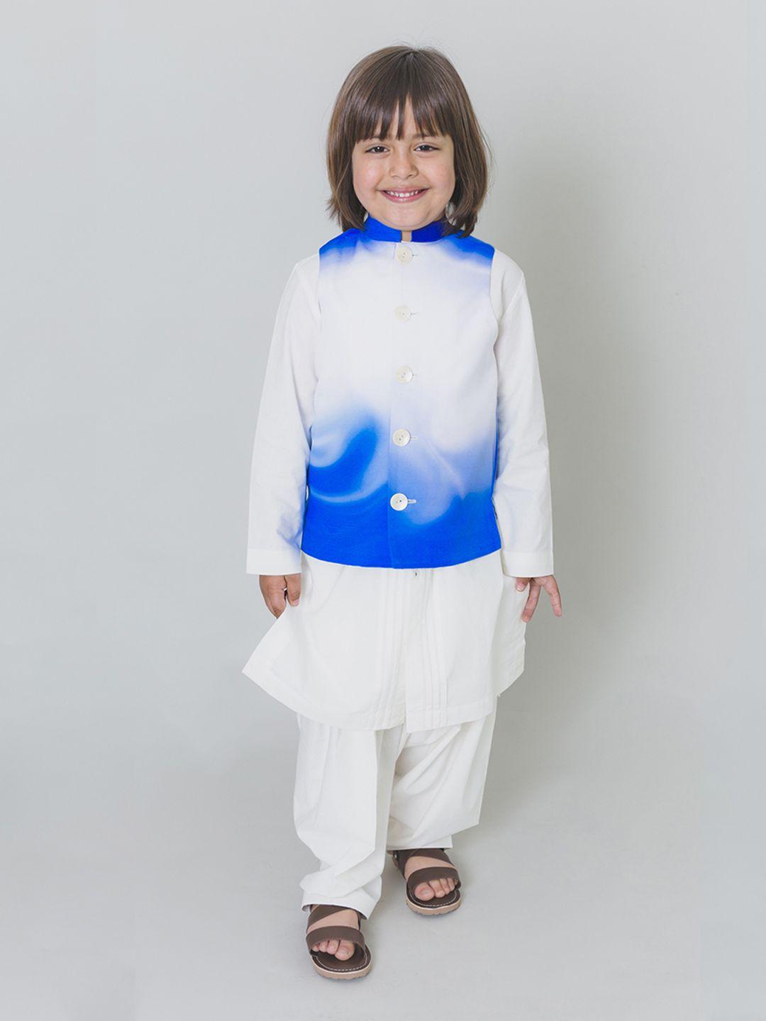 tiber taber boys white solid kurta tie & dye with pyjamas & nehru jacket
