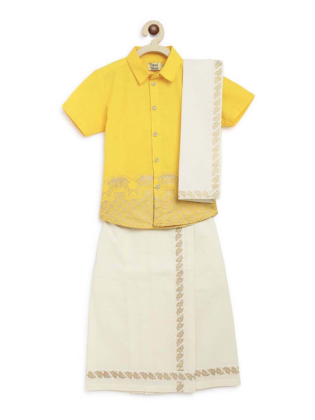 tiber taber boys yellow & cream-coloured printed shirt