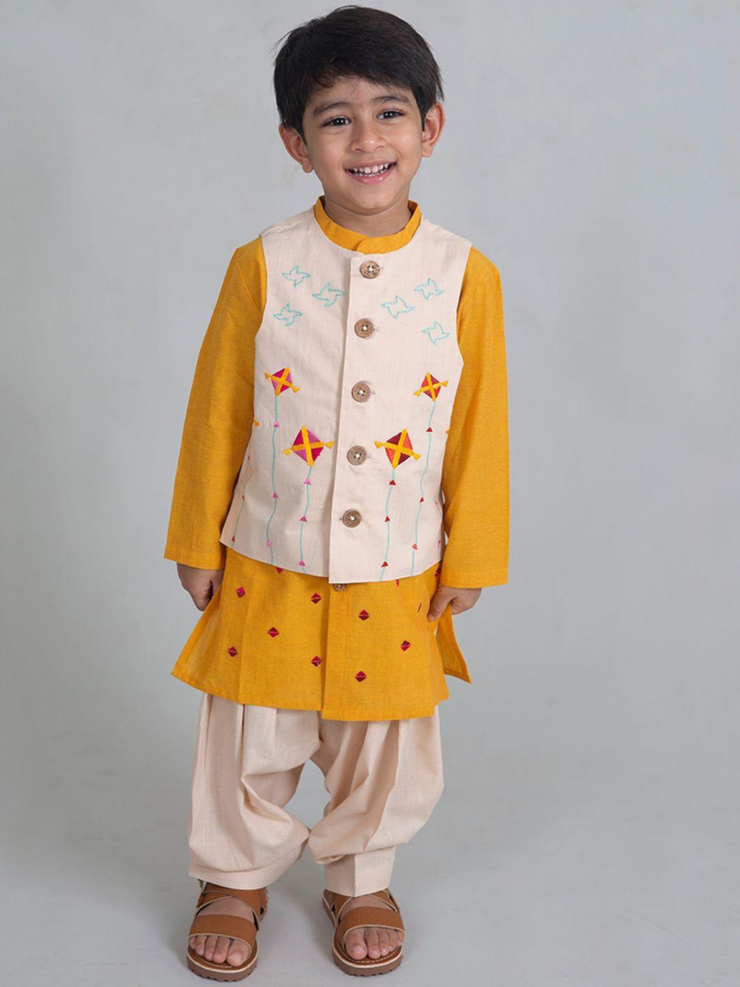 tiber taber boys yellow & cream pure cotton phulkari kurta with salwar & nehru jacket