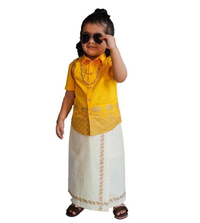 tiber taber boys yellow vanakkam taber 3pc mundu dhoti with shirt and angvastram