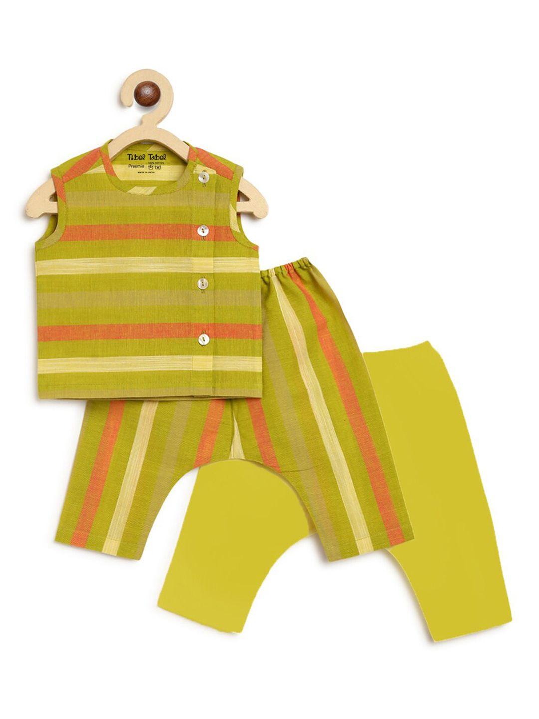 tiber taber infant boys lime green & orange striped printed pure cotton top & pyjamas