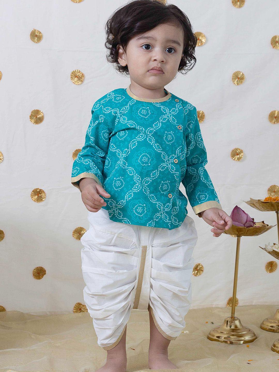 tiber taber infants boys bandhani printed pure cotton angrakha kurta with dhoti pants