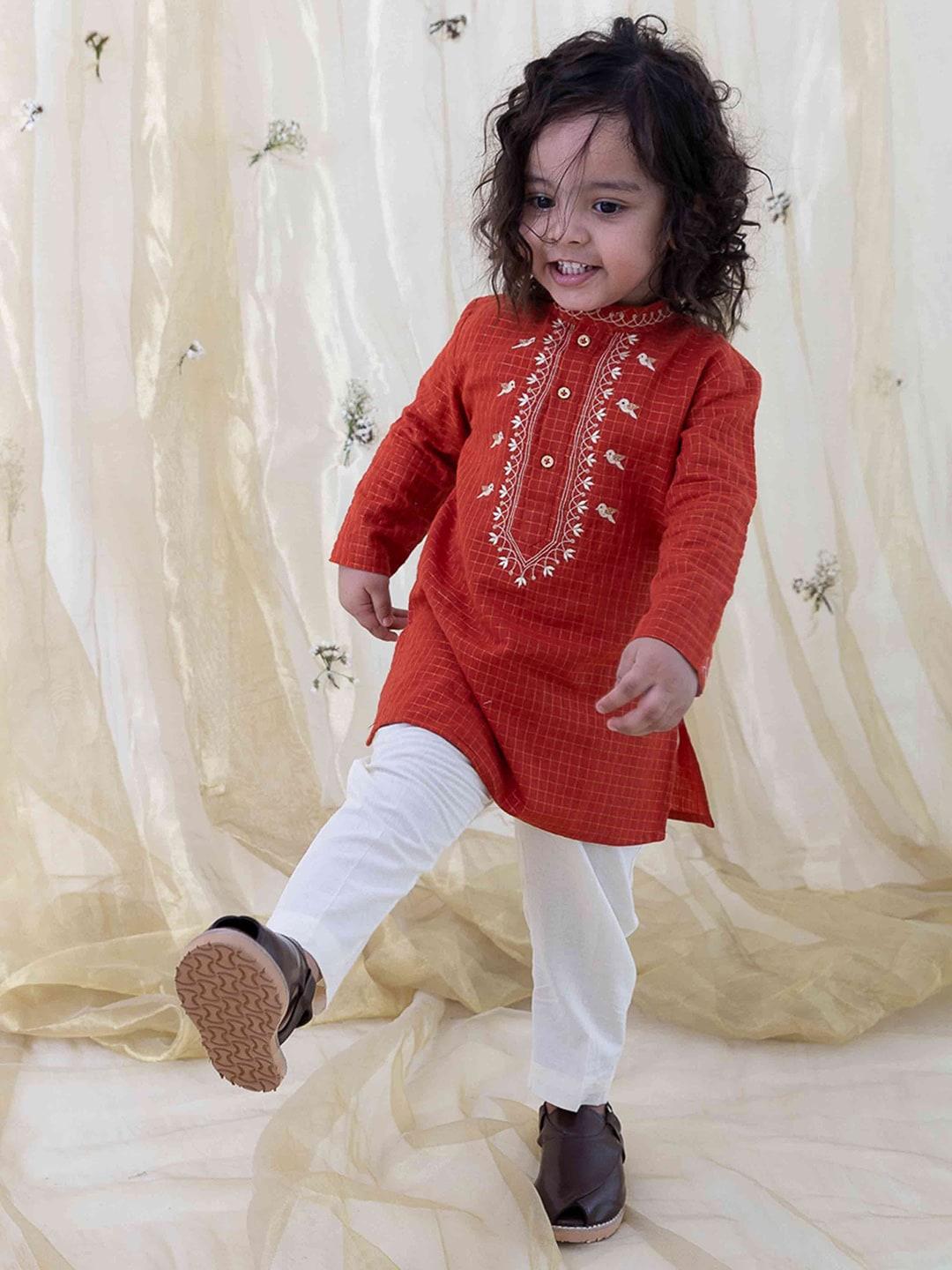 tiber taber infants floral embroidered pure cotton regular kurta with trousers