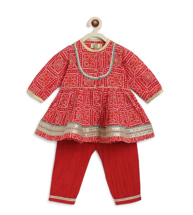 tiber taber kids red utsaav regular fit angrakha & pyjama set