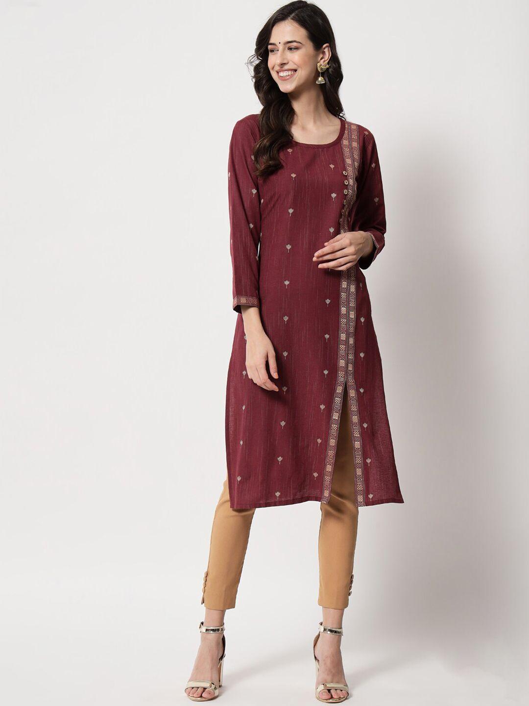 tibra collection maroon & beige geometric printed pure cotton kurti