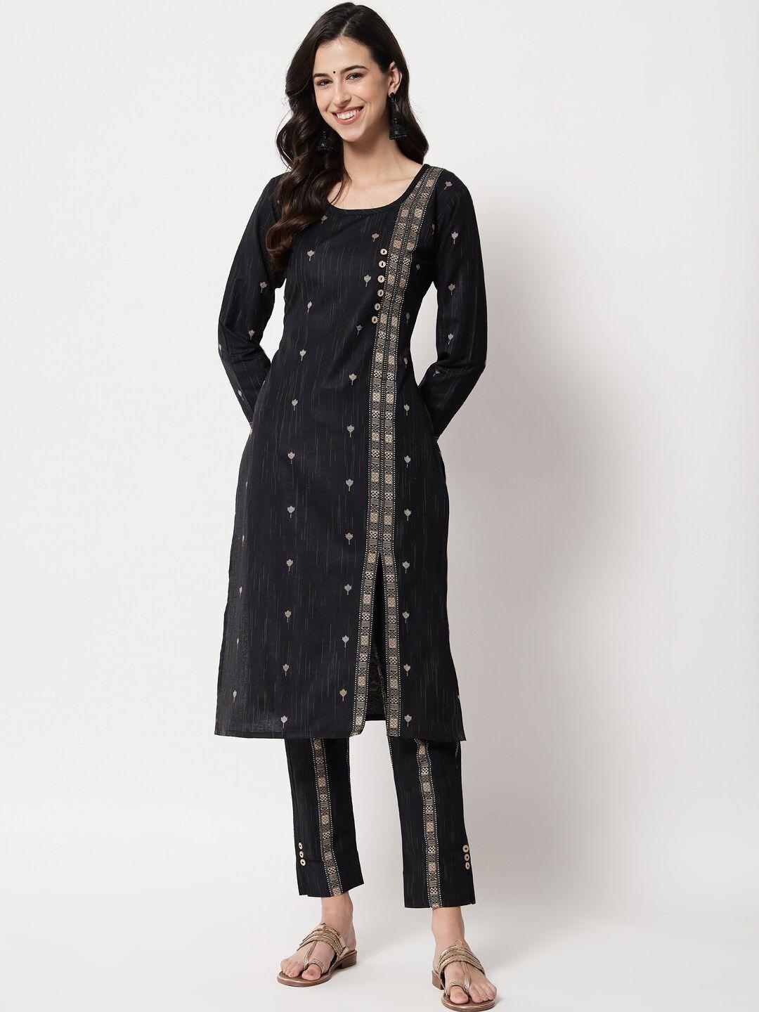 tibra collection women black floral printed pure cotton kurta with trousers